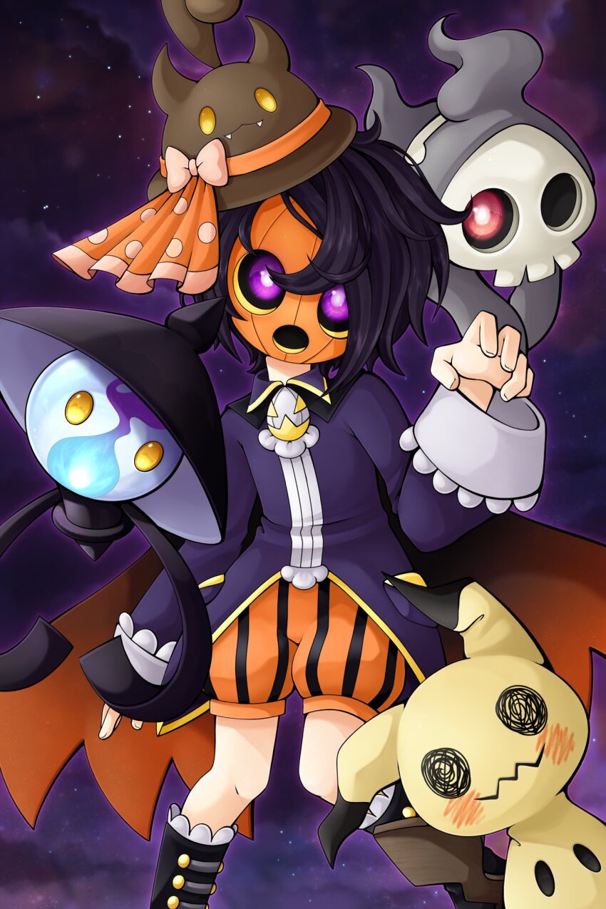 1boy allister_(fall_2022)_(pokemon) allister_(pokemon) black_footwear black_hair boots brown_headwear cape character_hat duskull gen_3_pokemon gen_5_pokemon gen_7_pokemon ghost_pose highres lampent looking_at_viewer male_focus mask mimikyu nintendo official_alternate_costume pokemon pokemon_(creature) pokemon_masters_ex purple_eyes slys_(jesterdysphoria)