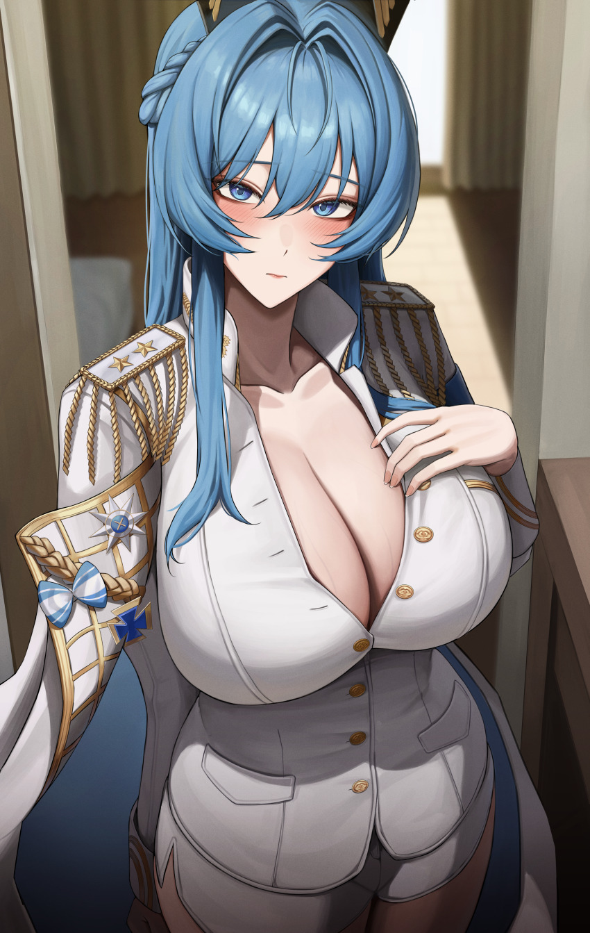 1girl absurdres blue_eyes blue_hair blush bodam braid breasts cleavage closed_mouth collarbone goddess_of_victory:_nikke hair_between_eyes hair_intakes hand_on_own_chest helm_(nikke) highres huge_breasts indoors long_hair long_sleeves looking_at_viewer short_shorts shorts solo white_shorts