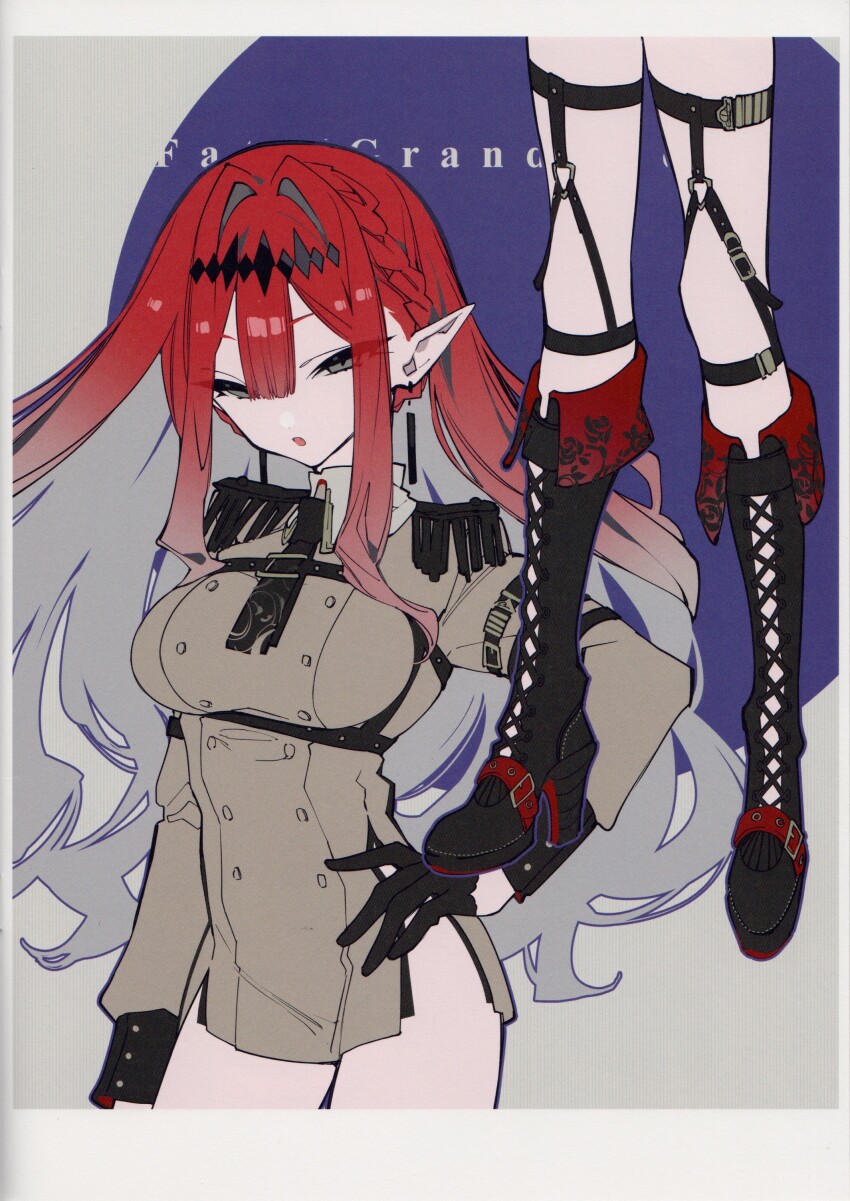 1girl :o absurdres baobhan_sith_(fate) black_gloves boots breasts brown_shirt comiket_99 earrings fate/grand_order fate_(series) gloves grey_eyes hair_ornament hand_on_own_hip high_heel_boots high_heels highres jewelry knee_boots long_hair looking_at_viewer military_uniform mochizuki_kei open_mouth pointy_ears red_hair scan shirt sidelocks solo