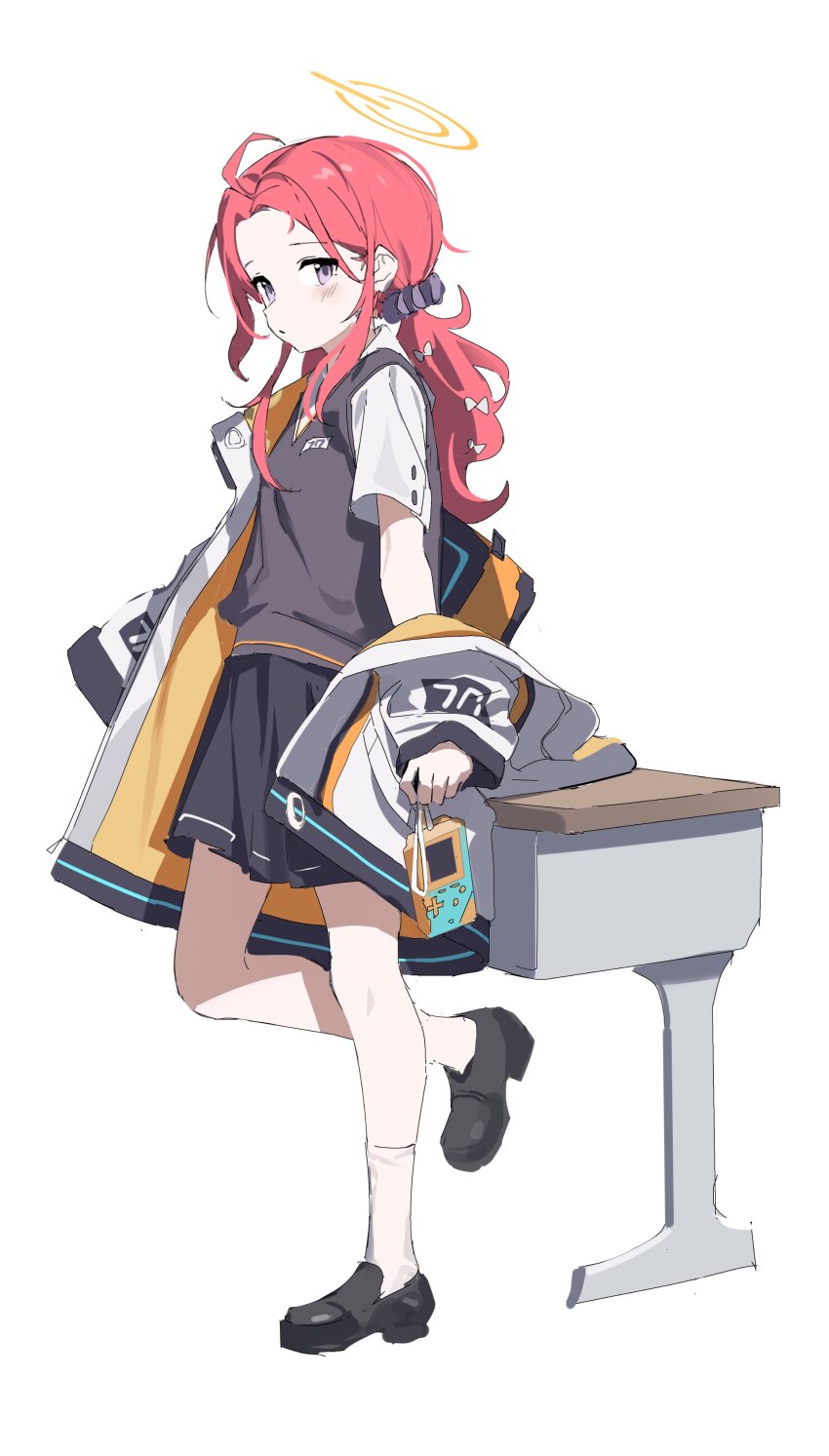 1girl 2t_(vmyz7342) absurdres ahoge bag black_shoes blue_archive blush brown_vest forehead full_body halo highres jacket loafers long_hair looking_at_viewer open_clothes open_jacket orange_halo parted_bangs red_hair school_uniform shirt shoes short_sleeves skirt socks solo vest white_socks yellow_halo yuzu_(blue_archive)