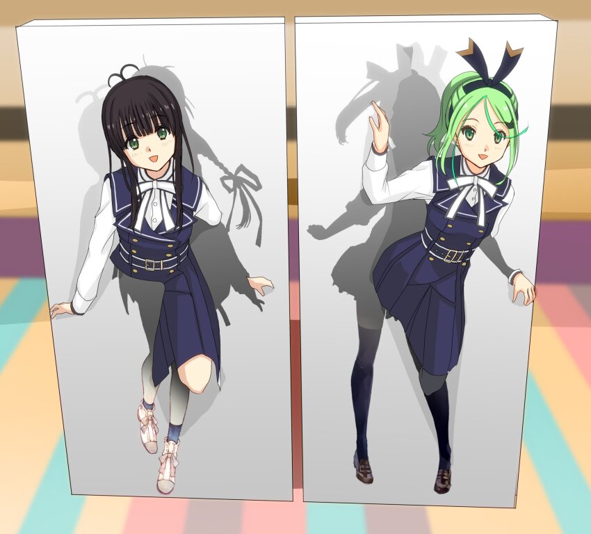 22/7 2girls antenna_hair black_hair bow braid buttons bxtbsy7q76gxh73 double-breasted dress green_eyes green_hair hair_ornament hairband highres keisanchuu_new_costume kiryu_touko long_hair looking_at_viewer multiple_girls open_mouth pinafore_dress ponytail shirt_under_dress short_hair sleeveless sleeveless_dress smile uniform yagami_toa