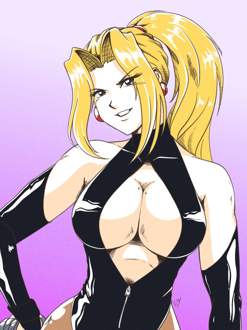 1girl absurdres blonde_hair blue_eyes breasts cleavage earrings highres jewelry large_breasts long_hair ponytail sofia_(toushinden) tedbob84 toushinden