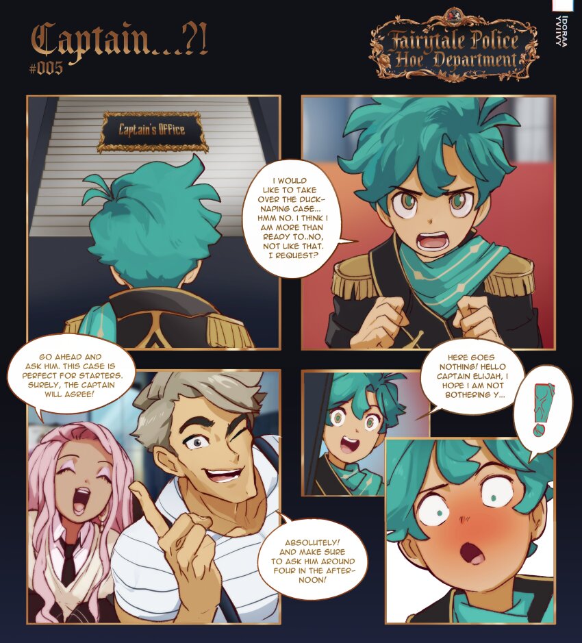 ! 1girl 2boys 5koma absurdres archie_pendragon blush briar_rose_(fairytale_police_hoe_department) brown_eyes comic dilated_pupils door english_text eyeshadow fairytale_police_hoe_department green_hair grey_hair highres idoraad lipstick makeup multiple_boys one_eye_closed open_mouth pink_hair satou_kotarou_(fairytale_police_hoe_department) shirt shoulder_pads white_shirt