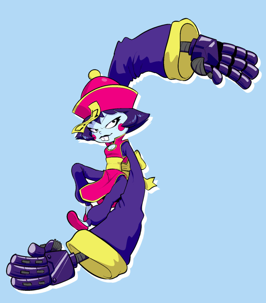 1girl 2019 baggy_pants black_eyes black_lips blue_background blue_skin blush_stickers bow breasts buck_teeth chinese_clothes cleavage cleavage_cutout clothing_cutout colored_skin commentary cosplay crash_bandicoot_(series) darkstalkers dress english_commentary female_focus flats floating full_body half-closed_eyes hat highres hsien-ko hsien-ko_(cosplay) jiangshi joints light_smile long_sleeves looking_at_viewer mario_grant mechanical_arms nina_cortex ofuda ofuda_on_head outline pants pelvic_curtain pink_dress pink_footwear pink_hat purple_hair robot_joints sash short_hair sideways_glance simple_background small_breasts solo spread_fingers teeth v-shaped_eyebrows yellow_sash