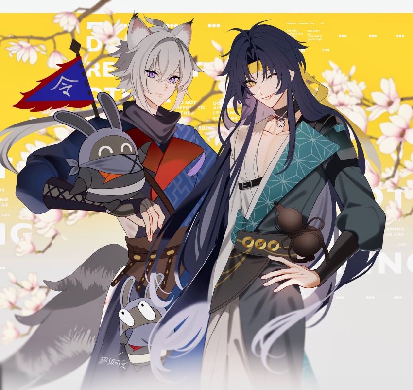 2boys absurdres animal_ears asaba_harumasa bangboo_(zenless_zone_zero) belt black_belt black_choker black_hair cat_boy cat_ears cat_tail chinese_clothes choker creature_on_arm floral_background flower hand_on_own_hip headband highres long_hair long_tail looking_at_viewer multiple_boys naru9 official_alternate_costume official_alternate_hair_length official_alternate_hairstyle one_eye_closed purple_eyes seth_lowell single_pennant smile tail white_hair yellow_background yellow_eyes yellow_headband zenless_zone_zero