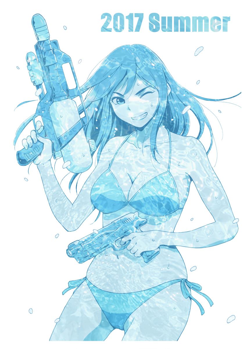 1girl absurdres asymmetrical_dual_wielding bikini blue_bikini blue_theme breasts cowboy_shot dated dual_wielding gun handgun highres holding long_hair looking_at_viewer medium_breasts navel one_eye_closed original side-tie_bikini_bottom smile summer super_soaker swimsuit takada_katsura water_gun weapon wet white_background