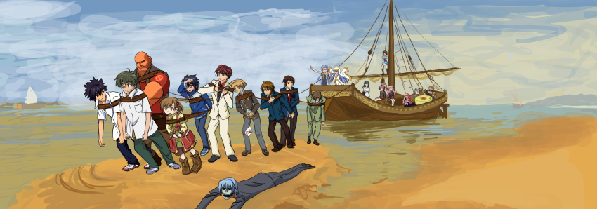 6+boys 6+girls absurdres ayasaki_hayate baka_to_test_to_shoukanjuu barge barge_haulers_on_the_volga beatrice_(umineko) boat cloud crossover drawfag fine_art_parody hairband hayate_no_gotoku! heavy_(tf2) highres himeji_mizuki hiraga_saito index_(toaru_majutsu_no_index) kamijou_touma kannagi kinoshita_hideyoshi koizumi_itsuki kumashiro_maya kyon long_image louise_francoise_le_blanc_de_la_valliere mikuriya_jin multiple_boys multiple_girls nagi outdoors parody pulling recette_lemongrass recettear red_heavy_(tf2) river sanzen&#039;in_nagi seikimatsu_occult_gakuin shimada_minami skeleton sky suzumiya_haruhi suzumiya_haruhi_no_yuuutsu team_fortress_2 tear_(recettear) the_volga_boatmen toaru_majutsu_no_index uchida_fumiaki umineko_no_naku_koro_ni ushiromiya_battler watercraft what wide_image yoshii_akihisa zero_no_tsukaima