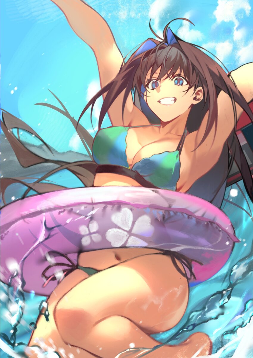 1girl absurdres aozaki_aoko armpits arms_up bikini blue_eyes blue_sky breasts brown_hair cleavage green_bikini highres hiro_(hirohiro_gorira) innertube long_hair looking_at_viewer mahou_tsukai_no_yoru navel revision sky smile solo swim_ring swimsuit teeth water