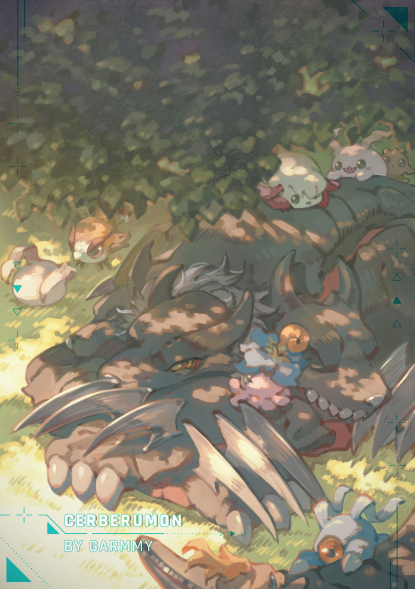 absurdres antennae armor blue_eyes cerberumon chocomon claws digimon digimon_(creature) dog grass green_eyes highres koromon kuramon pinamon pukamon pyocomon red_eyes tokomon xiaomon
