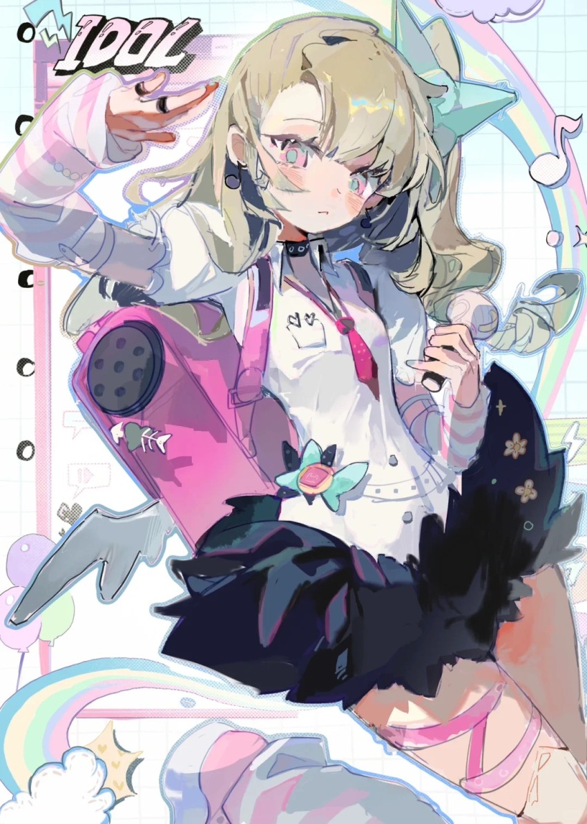 1girl arm_up arm_warmers backpack bag balloon black_choker black_skirt blonde_hair chinatsu_remiel choker closed_mouth cloud commentary_request drill_hair earrings foot_out_of_frame foot_up frilled_sleeves frills green_pupils heart highres holding holding_microphone idol jewelry leg_ribbon leg_warmers light_frown lightning_bolt_symbol long_hair looking_at_viewer loose_necktie low_wings microphone multiple_rings musical_note musical_note_earrings necktie pink_bag pink_eyes pink_necktie pink_shoes rainbow ribbon ring shoes short_sleeves side_drill side_ponytail skirt solo toki_yuan_yuan wings zenless_zone_zero