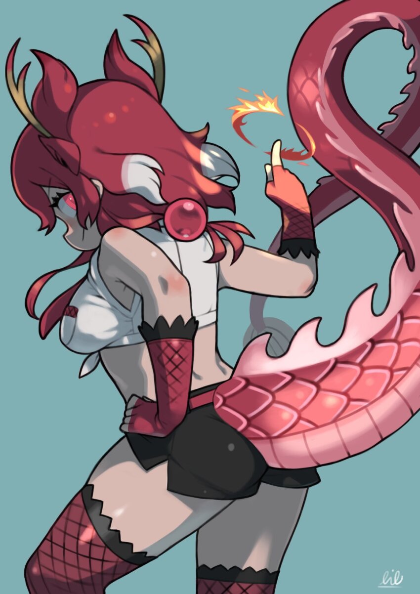 1girl animal_ears bare_shoulders black_shorts dragon_ears dragon_girl dragon_horns dragon_tail fingerless_gloves fire fishnet_gloves fishnet_thighhighs fishnets frilled_gloves frilled_thighhighs frills gloves glowing glowing_eyes hair_between_eyes highres horns kemono_friends kemono_friends_3 looking_at_viewer looking_back multicolored_hair red_dragon_(kemono_friends) red_eyes red_gloves red_hair red_thighhighs rinx shirt short_hair short_shorts shorts sidelocks sleeveless solo tail thighhighs tied_shirt white_hair white_shirt