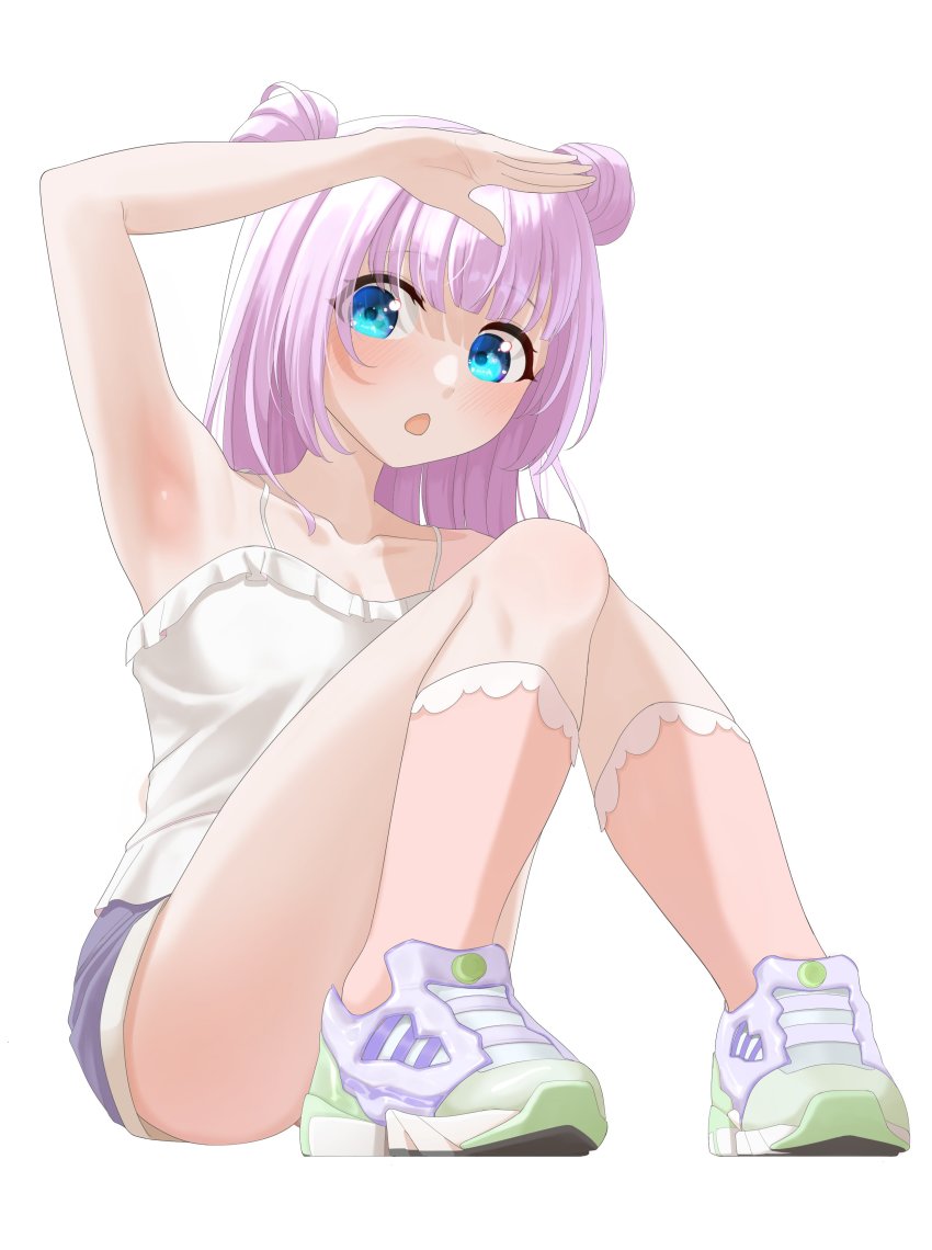 1girl absurdres arm_up armpits assault_lily bare_arms bare_shoulders blue_eyes blue_shorts blunt_bangs blush camisole chestnut_mouth collarbone commentary_request double_bun frilled_camisole frills from_below full_body green_shoes hair_bun highres knees_together_feet_apart knees_up leggings long_hair looking_at_viewer multicolored_shoes open_mouth pink_hair purple_shoes reebok reebok_pump saetusum see-through_clothes see-through_legwear shading_eyes shoes short_shorts shorts simple_background sitting sneakers solo spaghetti_strap tanba_akari white_background white_camisole white_leggings