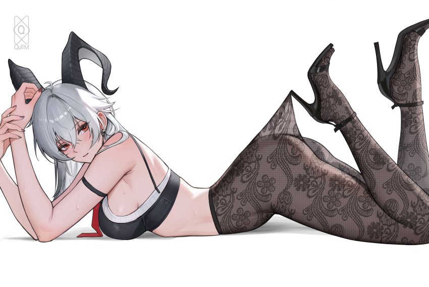 1girl absurdres arm_strap artist_name bare_shoulders black_bra black_horns black_pantyhose black_shoes blush bra breasts closed_mouth commentary curled_horns earrings fingernails from_side hair_between_eyes hands_up high_heels highres horns jewelry lace_pantyhose_hooked_on_heel_(meme) looking_to_the_side lying medium_breasts meme nail_polish necktie no_shirt on_stomach pantyhose quilm red_eyes red_nails red_necktie revision shoes sidelocks solo underwear wuthering_waves zani_(wuthering_waves)