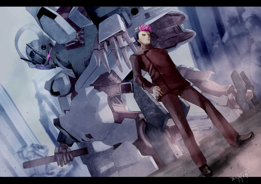 1boy artist_name black_footwear black_hair blue_eyes dust eye_trail frown glowing glowing_eyes guel_jeturk gundam gundam_schwarzette gundam_suisei_no_majo highres holding holding_sword holding_weapon horns jacket letterboxed light_trail looking_at_viewer looking_down looking_up mecha mobile_suit multicolored_hair pants purple_eyes purple_hair red_jacket red_pants robot shadow shoes sword tetsuya_tsuji two-tone_hair weapon