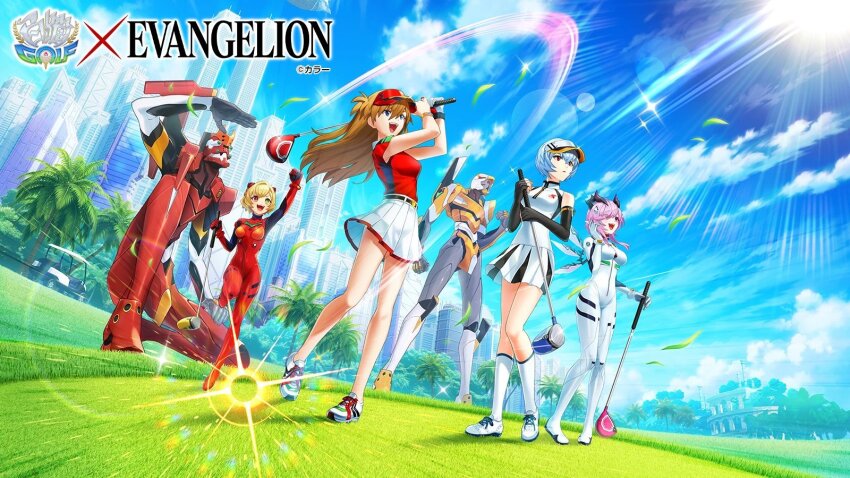 4girls alternate_costume artist_collaboration ayanami_rei ayanami_rei_(cosplay) bare_legs blonde_hair blue_eyes blue_hair blue_sky breasts brown_hair charlotte_(shironeko_project) cloud cloudy_sky copyright_name cosplay costume_switch crossover day elbow_gloves eva_00 eva_02 gloves golf golf_club grass happy heterochromia highres interface_headset_(evangelion) jumping logo long_hair looking_up mecha medium_breasts multiple_girls neon_genesis_evangelion official_art open_mouth oscurol_(shironeko_project) playing_games purple_hair robot shironeko_project shoes short_hair simple_background skirt sky smile sneakers souryuu_asuka_langley souryuu_asuka_langley_(cosplay) third-party_edit two_side_up white_skirt