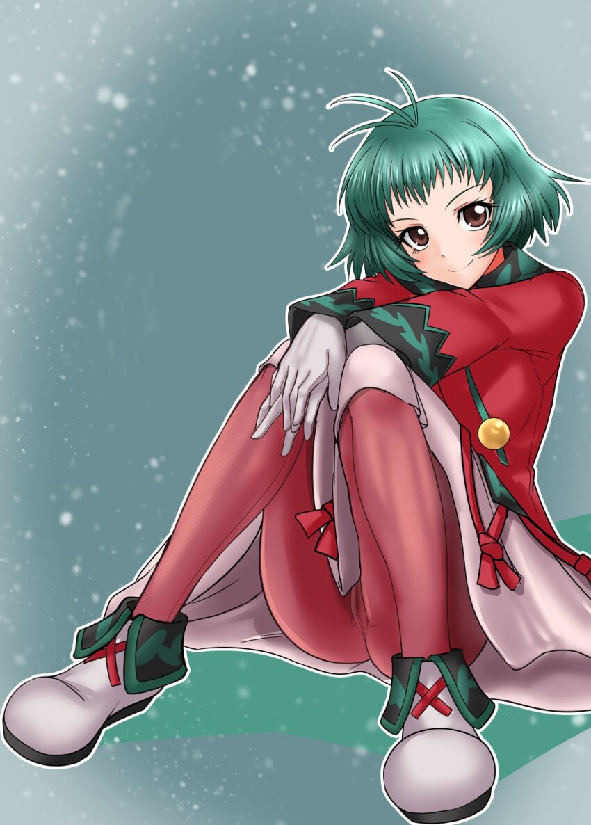 1girl antenna_hair blush brown_eyes coat commission farah_oersted farah_oersted_(snow_festival) gloves green_background green_hair hands_on_own_knees highres knees_together_feet_apart large_variant_set looking_at_viewer official_alternate_costume open_mouth pantyhose pochiiru_(uowou) red_coat red_pantyhose short_hair simple_background sitting smile snow solo tales_of_(series) tales_of_asteria tales_of_eternia tales_of_the_rays variant_set very_short_hair white_gloves