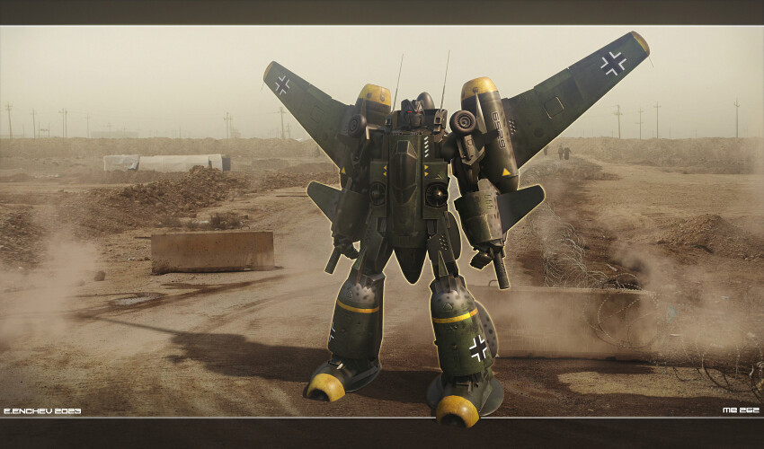 3d aircraft arm_cannon commentary concrete decepticon desert dust emblem encho_enchev english_commentary herr_blitzkrieg highres luftwaffe me_262 mecha military original realistic robot roundel science_fiction signature transformers wall weapon world_war_ii