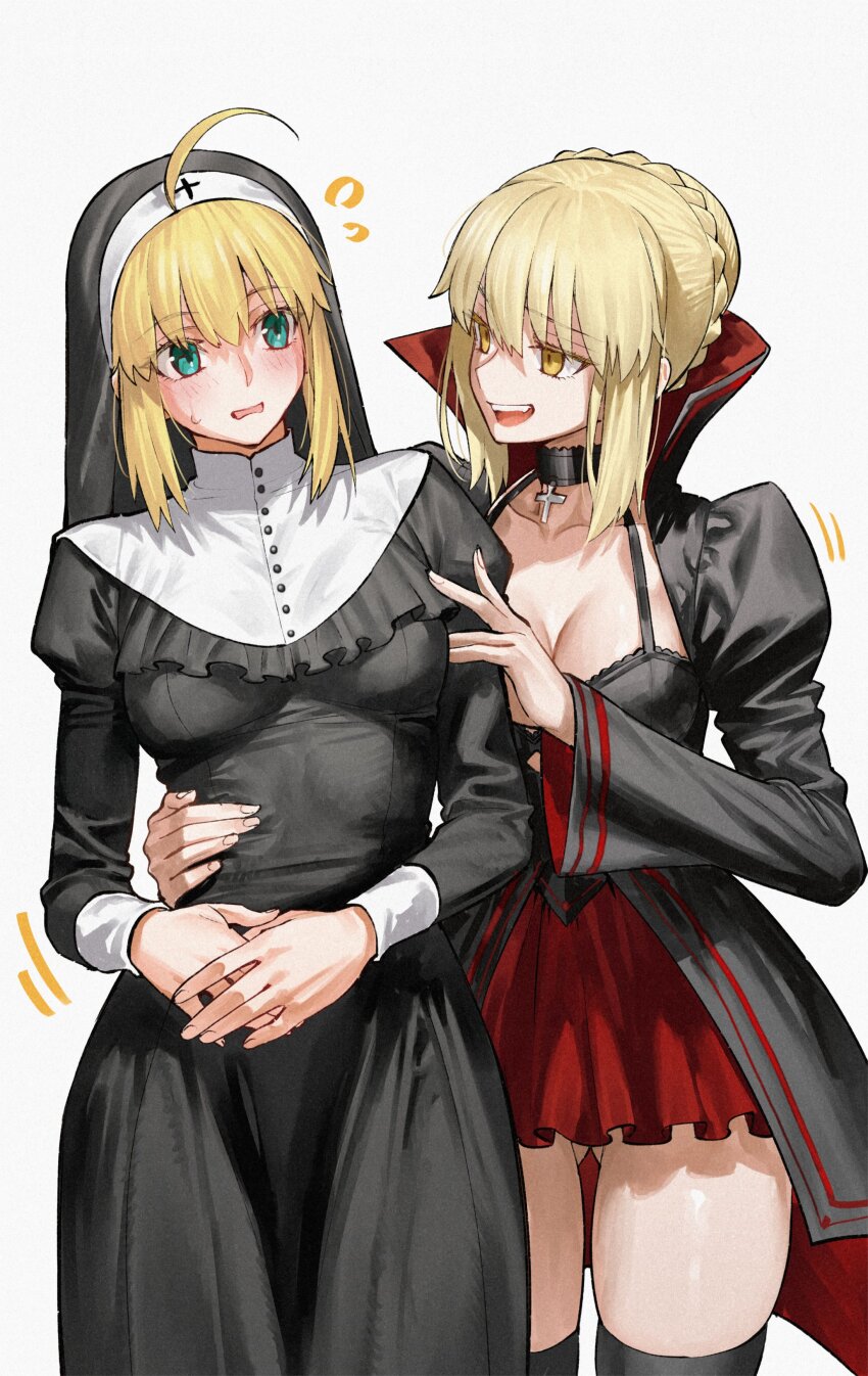 2girls absurdres ahoge artoria_pendragon_(fate) black_dress black_thighhighs blonde_hair blush breasts cleavage dress fate/stay_night fate_(series) green_eyes highres kamisato_sora long_sleeves medium_hair multiple_girls open_mouth popped_collar red_skirt saber_(fate) saber_alter sidelocks skirt smile thighhighs thighs yellow_eyes