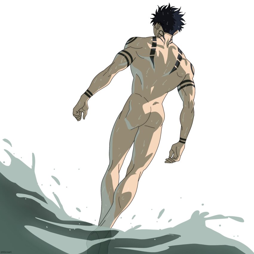 1boy ass black_hair from_behind highres jujutsu_kaisen male_focus n3croart nude ryoumen_sukuna_(jujutsu_kaisen) short_hair solo tattoo water wet white_background