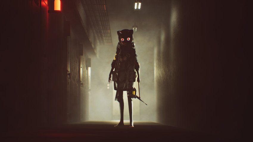 1girl 3d animal_ears apartment arai-san_mansion backlighting bottle building commentary_request crowbar door elevator film_grain fingerless_gloves fluorescent_lamp gas_mask giant_otter_(kemono_friends)_(kuro_(kurojill)) gloves glowing glowing_eyes grey_hair grin hallway highres holding holding_crowbar holding_weapon horror_(theme) indoors jacket kemono_friends lamp ll_ryu_ll long_sleeves mask mask_around_neck otter_ears pouch red_eyes sharp_teeth short_hair sidelocks smile solo standing teeth toeless_legwear walkie-talkie weapon