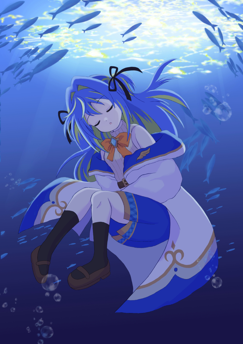 1girl belt black_ribbon black_socks blue_brooch blue_hair blue_skirt bow bowtie brown_belt brown_shoes bubble caustics chest_belt closed_eyes coat commentary_request fish full_body green_hair hair_intakes hair_ribbon highres long_hair long_sleeves mary_janes mole mole_under_eye multicolored_hair nanashi_inc. nao_kesa open_clothes open_coat open_mouth orange_bow orange_bowtie plaid_trim ribbon shirt shoes skirt socks solo suzumi_nemo suzumi_nemo_(1st_costume) two-tone_hair two_side_up underwater virtual_youtuber white_coat white_shirt