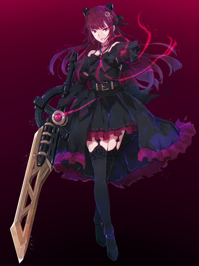 1girl ankle_strap arm_at_side assault_lily bare_shoulders belt belt_buckle black_background black_belt black_bow black_dress black_gloves black_ribbon black_shoes black_thighhighs blunt_bangs bow buckle choker closed_mouth commentary dress dress_bow earrings elbow_gloves eye_trail floating_hair frilled_dress frills full_body garter_straps gloves gozen_(assault_lily) gradient_background gradient_hair hair_bow hair_rollers hairpods half_updo hand_up highres holding holding_weapon jewelry light_particles light_trail long_hair looking_at_viewer multicolored_hair neck_ribbon nekomint off-shoulder_dress off_shoulder outstretched_arm pendant_choker purple_hair reaching reaching_towards_viewer red_background red_choker red_eyes red_hair ribbon shoes short_sleeves sidelocks solo standing thighhighs two-tone_hair very_long_hair weapon