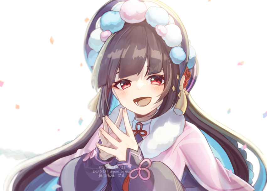 1girl black_bonnet black_hair blunt_bangs bonnet capelet commentary_request corn_kuten eyeshadow fur_collar genshin_impact long_hair looking_at_viewer lower_teeth_only makeup open_mouth petals pink_capelet red_eyes red_eyeshadow simple_background smile solo steepled_fingers teeth tongue upper_body watermark white_background yun_jin_(genshin_impact)