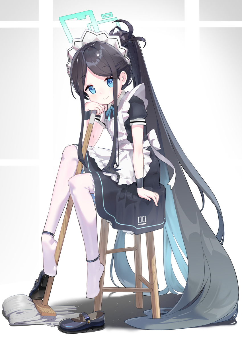 absurdres apron aqua_bow aqua_bowtie aqua_halo aris_(blue_archive) aris_(maid)_(blue_archive) black_dress black_hair black_shoes black_wrist_cuffs blue_archive blue_eyes blush bow bowtie closed_mouth collared_dress dot_nose dress frilled_apron frilled_dress frills full_body halo highres holding holding_mop long_hair long_sidelocks looking_at_viewer maid maid_apron maid_headdress mop official_alternate_costume official_alternate_hairstyle pantyhose ponytail qian_he_shui_cheng rectangular_halo shoes short_sleeves sidelocks simple_background smile solo white_apron white_bow white_headdress white_pantyhose wrist_cuffs