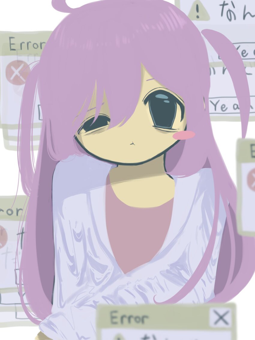 1girl :t ahoge bad_id bad_twitter_id bags_under_eyes black_eyes blurry blurry_foreground blush_stickers closed_mouth coat colored_skin error_message head_tilt highres lab_coat long_hair long_sleeves looking_at_viewer nemuri-chan okusuri_nonde_neyou_(vocaloid) pink_shirt purple_hair shirt simple_background single_blush_sticker solo two_side_up uneven_eyes upper_body usami_shisen vocaloid white_background white_coat window_(computing) yellow_skin