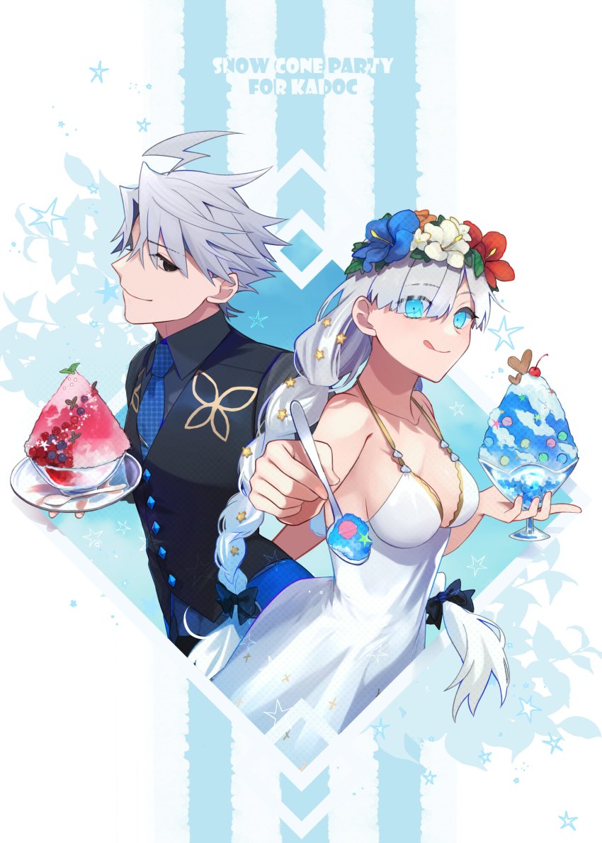 1boy 1girl absurdres ahoge anastasia_(fate) anastasia_(swimsuit_archer)_(fate) anastasia_(swimsuit_archer)_(second_ascension)_(fate) black_eyes blue_eyes bowl braid breasts dress fate/grand_order fate_(series) food glass_bowl grey_hair head_wreath highres james_moriarty_(archer)_(fate) james_moriarty_(gray_collar)_(fate) james_moriarty_(ruler)_(fate) licking_lips lightning_ahoge long_hair medium_breasts necktie shaved_ice smile spoon sundress tia_(cocorosso) tongue tongue_out twin_braids vest