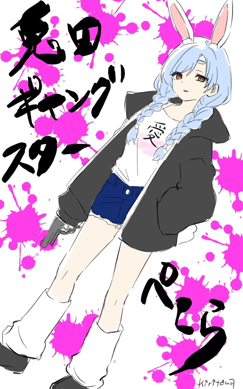 1girl animal_ear_fluff animal_ears black_jacket black_shoes blue_shorts braid brown_eyes commentary gun hair_over_shoulder hand_in_pocket handgun highres holding holding_gun holding_weapon hololive jacket kiritoma long_hair long_sleeves looking_at_viewer low_twintails open_clothes open_jacket parted_lips puffy_long_sleeves puffy_sleeves rabbit-shaped_pupils rabbit_ears rabbit_girl rabbit_tail shirt shoes short_eyebrows short_shorts shorts socks solo standing symbol-shaped_pupils tail thick_eyebrows translation_request twin_braids twintails usada_pekora virtual_youtuber weapon white_background white_shirt white_socks