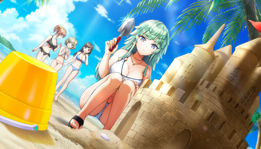 4girls arm_at_side bare_arms bare_legs bare_shoulders barefoot beach bikini black_bikini blue_bikini blue_eyes blue_sky blunt_bangs blunt_ends blurry blurry_background bow bow_bikini breasts brown_eyes brown_hair bucket building_sand_sculpture cleavage clenched_hands closed_mouth cloud day dolphin_wave dutch_angle earrings expressionless fingernails front-tie_bikini_top front-tie_top game_cg green_eyes green_hair hair_ornament hair_scrunchie halterneck hand_on_own_leg hand_to_own_mouth hand_up hands_up high_ponytail highres holding hoop_earrings horizon jewelry kishimen_hair knees_together_feet_apart legs lens_flare long_hair looking_at_another looking_at_object looking_to_the_side medium_breasts mismatched_bikini multiple_girls navel necklace non-web_source ocean official_art ootomo_takuji open_mouth orange_hair outdoors palm_tree parted_lips pendant ponytail sand_castle sand_sculpture sandals scrunchie selena_lewis short_hair side-tie_bikini_bottom sidelocks single_strap sky squatting striped_bikini striped_clothes sunlight swimsuit toenails toes tree trowel watermark white_bikini yellow_scrunchie