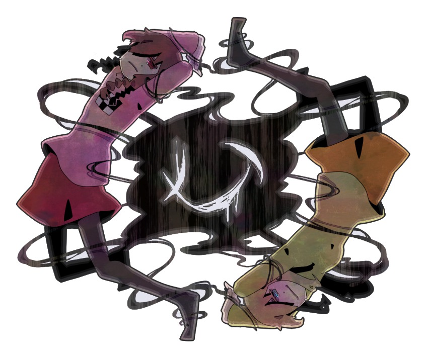 2girls 6274 bad_id bad_pixiv_id blonde_hair blue_eyes braid brown_eyes brown_hair darkness hair_over_one_eye madotsuki multiple_girls pantyhose pink_shirt poniko rotational_symmetry shirt skirt tears transparent_background turtleneck twin_braids uboa yume_nikki