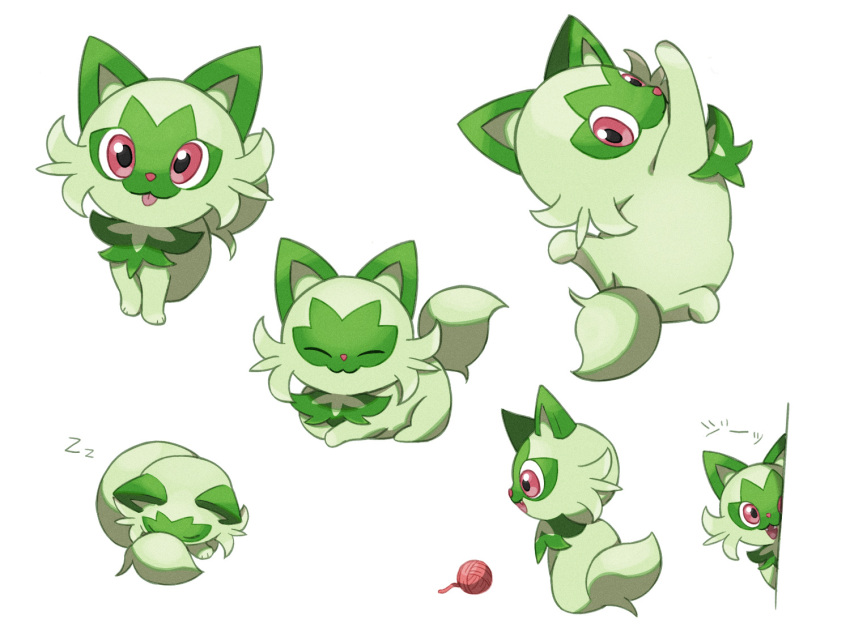 :p closed_eyes closed_mouth commentary_request facing_viewer multiple_views nintendo no_humans nori_(hgdm2784) peeking_out pokemon pokemon_(creature) red_eyes simple_background sleeping sprigatito tongue tongue_out white_background yarn yarn_ball zzz