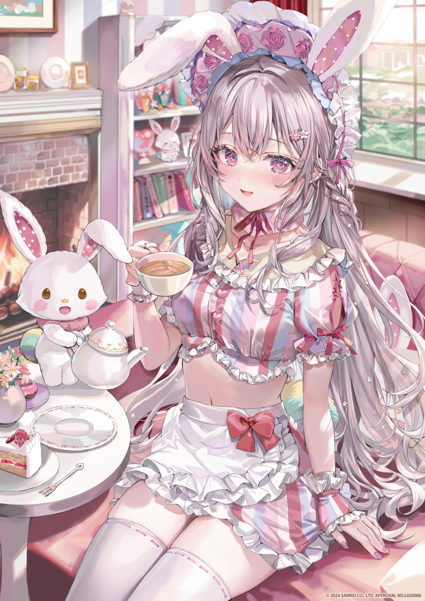 1girl 2024 animal_ears apron bow bow_apron braid couch cup fake_animal_ears fork frilled_apron frills grey_hair hair_between_eyes hair_ornament hand_up highres holding holding_cup indoors long_hair looking_at_viewer momoko_(momopoco) multicolored_clothes multicolored_nails my_melody navel on_couch onegai_my_melody open_mouth pink_eyes plaid rabbit_ears red_bow red_ribbon ribbon sanrio short_sleeves smile solo teacup teapot thighhighs white_apron white_thighhighs zettai_ryouiki