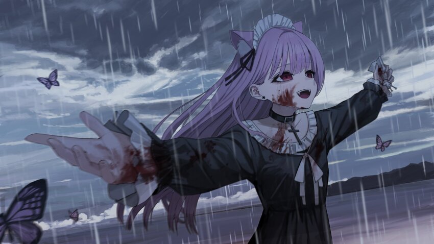 1girl animal_ear_fluff animal_ears black_choker black_dress blood blood_on_clothes blood_on_face blood_on_hands bloody_clothes bloody_dress bug butterfly cat_ears cat_girl choker cloud cloudy_sky collarbone cross cross_choker cross_necklace day dress earrings extra_ears fangs highres holding indie_virtual_youtuber insect jewelry long_hair looking_up maid_headdress mikeneko_(vtuber) necklace open_mouth outdoors outstretched_arms pink_butterfly pink_hair purple_eyes rain ribbon sakiika0513 sky sleeves_past_wrists smile solo spread_arms stud_earrings teeth upper_teeth_only very_long_hair virtual_youtuber white_ribbon