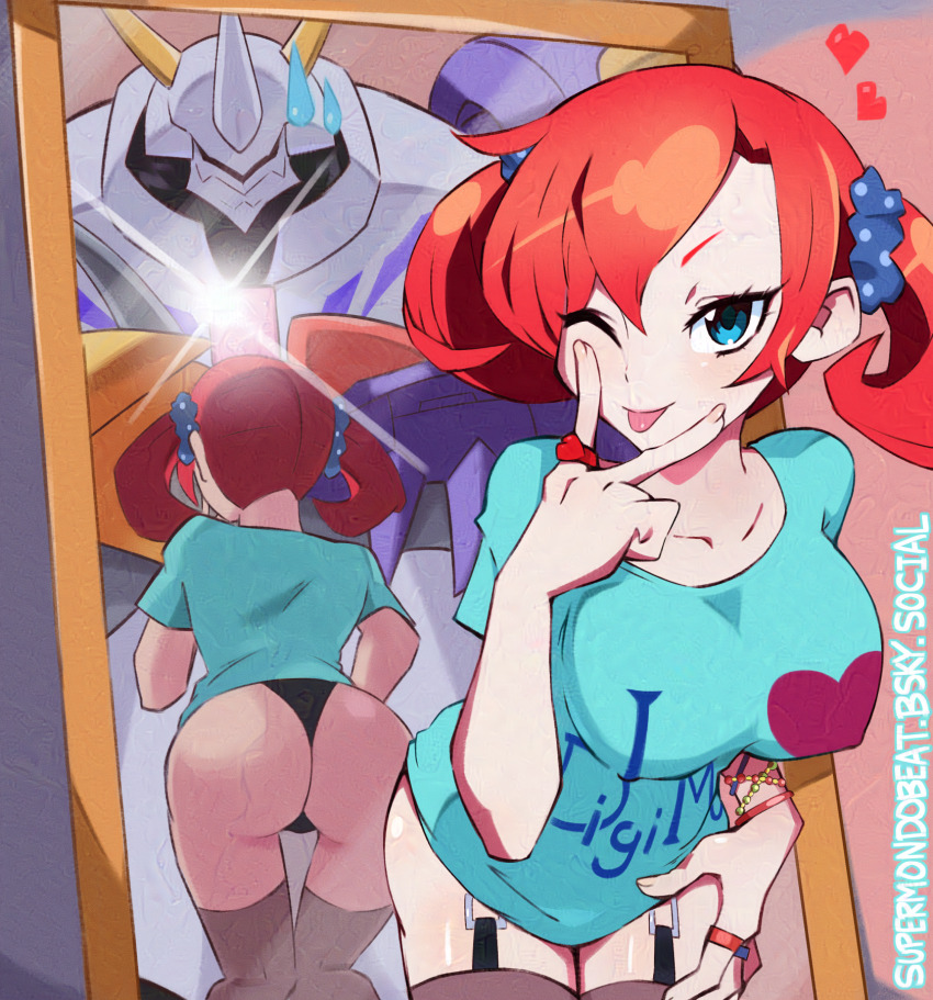 1boy 1girl adversarial_noise ass black_panties black_thighhighs blue_eyes blue_shirt cellphone collarbone covered_erect_nipples digimon digimon_story:_cyber_sleuth garter_straps gift_art highres holding holding_phone medium_hair mirror omegamon one_eye_closed panties phone print_shirt red_hair shiramine_nokia shirt smartphone supermondobeat thighhighs tongue tongue_out twintails underwear