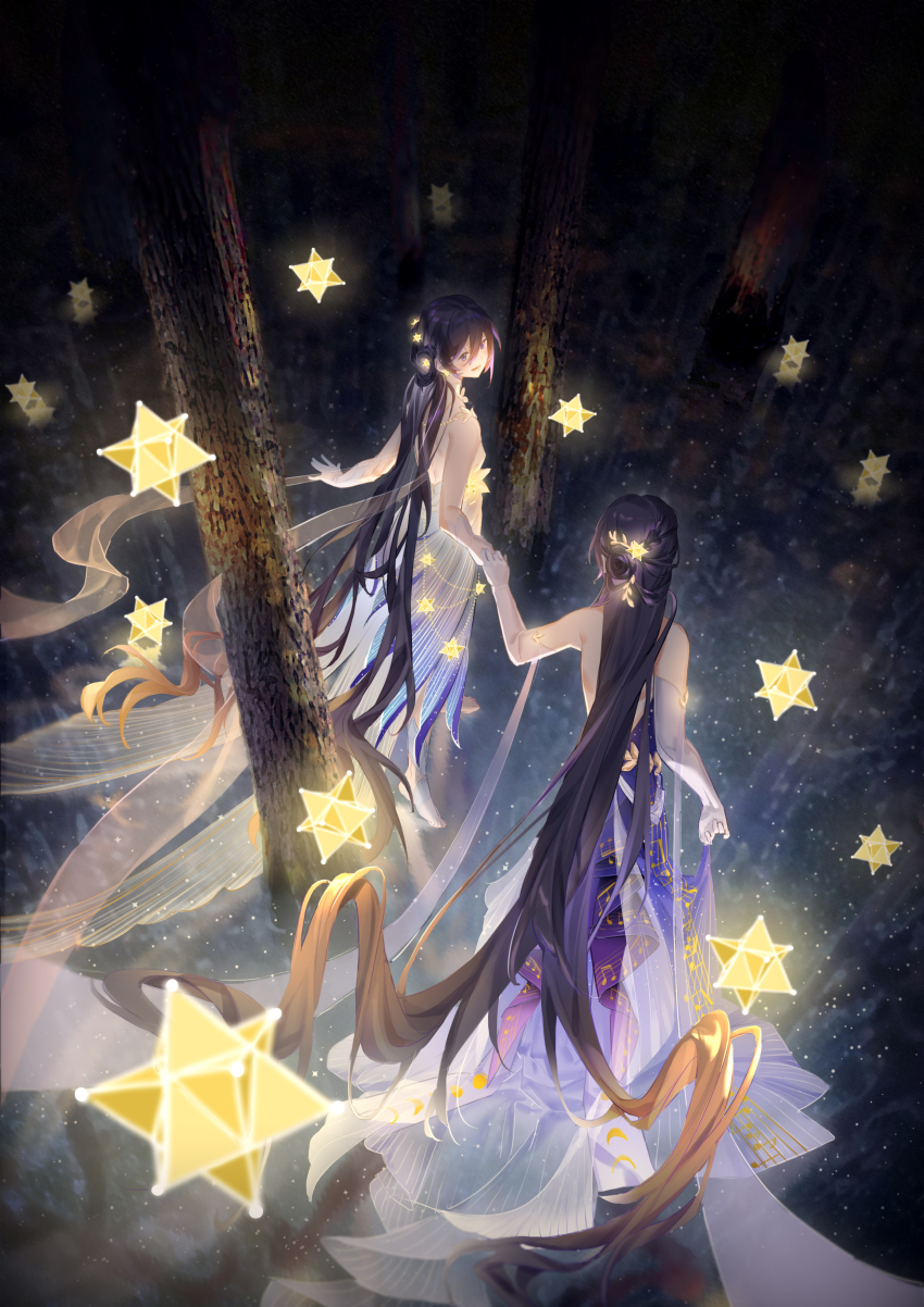 2girls absurdres black_hair dark_background dress earrings elbow_gloves forest from_above full_body gloves glowing_jewelry hair_between_eyes hair_ornament highres holding_hands jewelry light_particles long_dress long_hair looking_at_another multiple_girls musical_note musical_note_print nature night original purple_dress sang_sha see-through_clothes see-through_shawl shawl smile standing star_(symbol) stellated_octahedron tree very_long_hair white_gloves