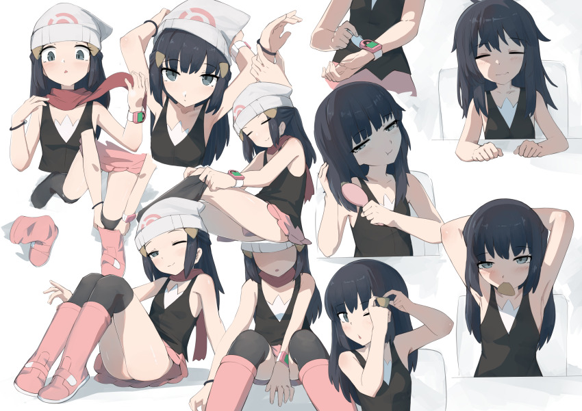 1girl absurdres beanie black_hair black_thighhighs brushing_hair brushing_own_hair closed_eyes commentary_request commission dawn_(pokemon) dressing flat_chest grey_eyes hat highres long_hair multiple_views nintendo pajamas parted_lips pink_skirt pixiv_commission pokemon pokemon_dppt recklessdraw sitting skirt thighhighs white_hat