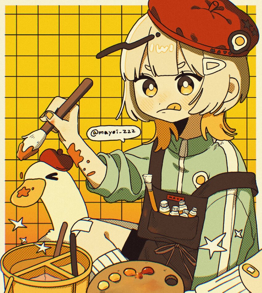 animal beret bird blonde_hair blush border butterfly_sitting dot_nose duck eyelashes green_jacket hair_ornament hairclip hat highres holding holding_paintbrush jacket long_hair looking_afar mayoi_zzz nose_blush original outside_border paint paint_palette paint_tube paintbrush red_hat screentones short_eyebrows sitting sleeve_rolled_up tongue tongue_out twitter_username white_border yellow_eyes