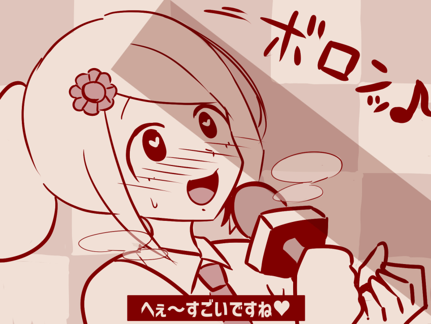 1girl :d blush checkered_background clenched_hand collared_shirt hair_ornament heart heart-shaped_pupils heavy_breathing highres holding holding_microphone looking_up microphone minna_no_rhythm_tengoku monochrome necktie noripote_(noripote831) open_mouth ponytail portrait red_theme reporter_(rhythm_tengoku) rhythm_tengoku sexually_suggestive shadow shirt sidelocks smile solo symbol-shaped_pupils translation_request