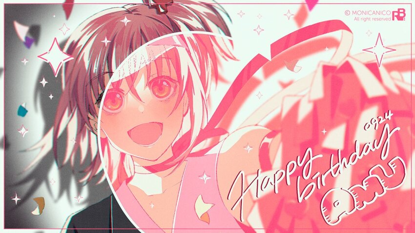 1girl amulet_heart artist_name bare_shoulders black_jacket blazer cheerleader collarbone confetti copyright_notice crop_top english_text eyelashes hair_ornament happy happy_birthday hat heart hinamori_amu holding holding_pom_poms jacket looking_at_viewer lower_teeth_only magical_girl monicanc neck_ribbon one_side_up open_mouth outstretched_arm pink_hair pink_hat pink_shirt pom_pom_(cheerleading) pom_poms red_ribbon revealing_layer ribbon school_uniform seiyo_academy_school_uniform shadow shirt short_hair shugo_chara! sleeveless sleeveless_shirt smile solo sparkle teeth upper_body visor_cap white_background x_hair_ornament yellow_eyes