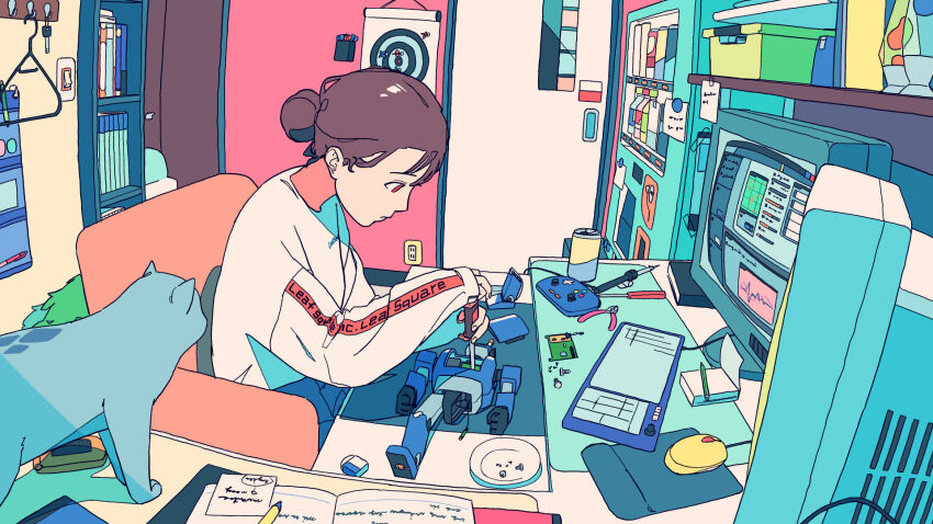 1girl absurdly_detailed_composition akabane_1999 animal book bookshelf brown_hair can cat chair clothes_hanger commentary_request computer computer_mouse container denim denim_shorts door drink_can fisheye from_side grey_cat hair_bun highres holding holding_screwdriver indoors lava_lamp loaded_interior long_sleeves notebook original pencil red_eyes repairing robot scenery screwdriver shirt shorts sitting slice_of_life soda_can solo white_shirt