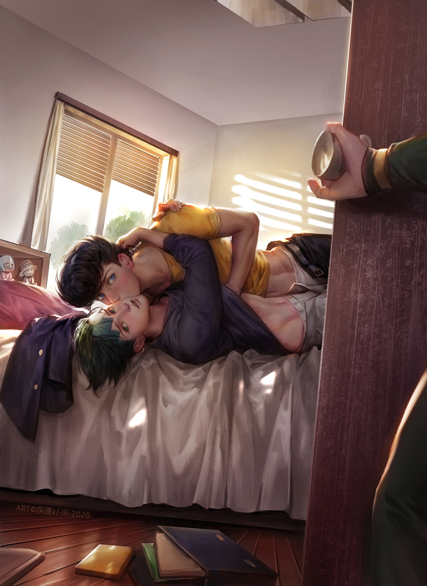 2boys 3boys belt blue_eyes book couple diamond_wa_kudakenai doll doorway earrings green_hair hairband hand_under_clothes headband higashikata_josuke highres hirose_koichi indoors jewelry jojo_no_kimyou_na_bouken kdash kishibe_rohan kiss kissing_cheek lying male_focus multiple_boys navel on_back on_bed on_lap on_person opening_door pov_doorway purple_hair shirt smile undressing undressing_another voyeur_pov window wooden_floor yaoi yellow_shirt