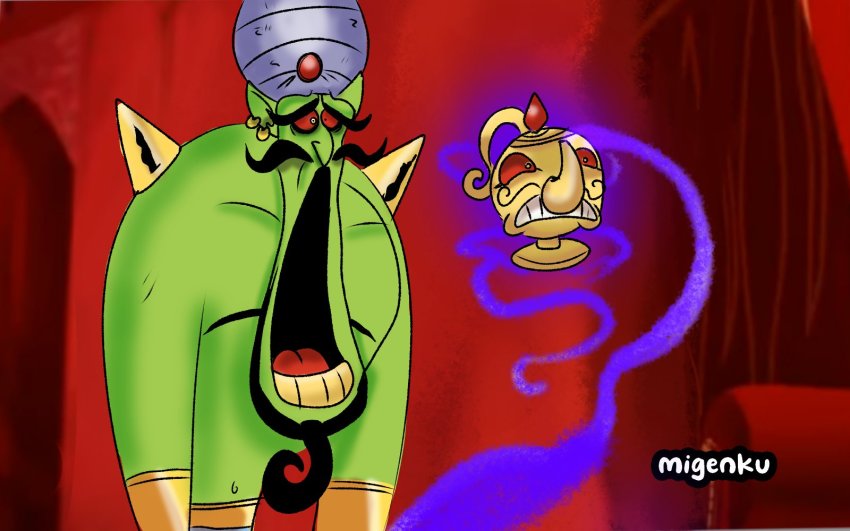 1boy derivative_work digimon disney disneymonredraw_(meme) genie grin highres lamp lampmon meme open_mouth parody screenshot_redraw smile spikes