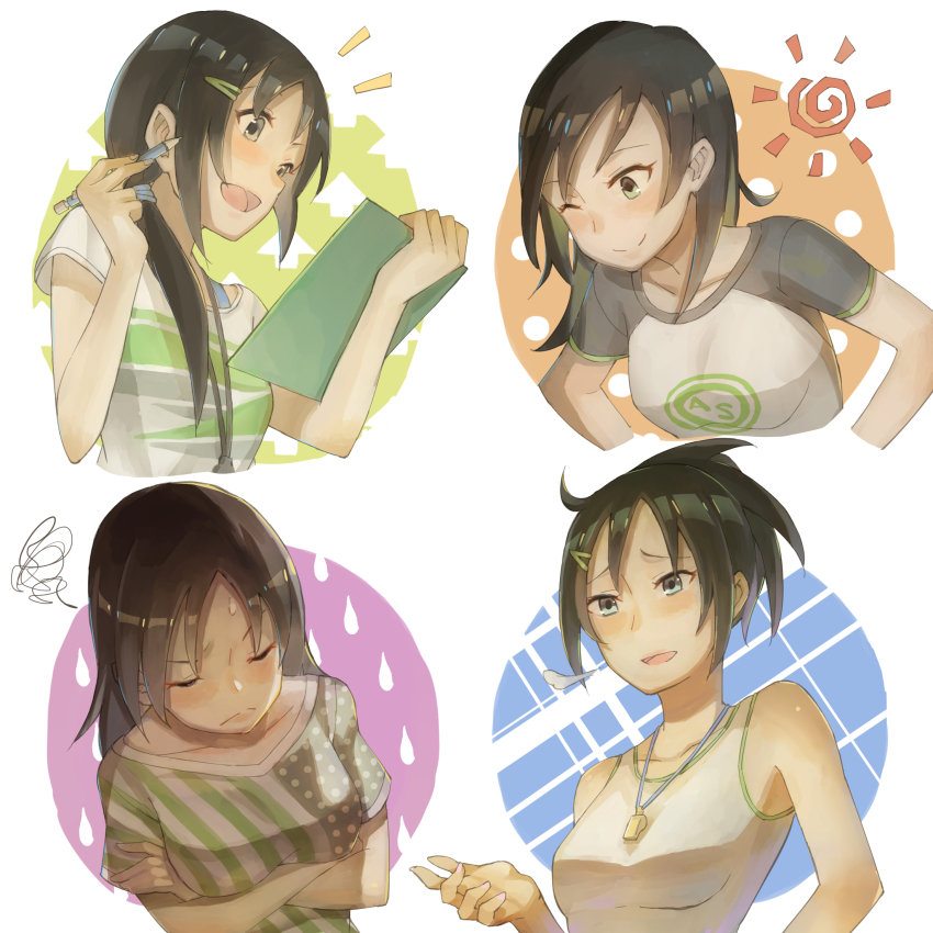 4girls aoki_kei aoki_mei aoki_rei aoki_sei arms_at_sides black_hair blush border breasts clipboard closed_eyes closed_mouth collarbone commentary_request crossed_arms fingernails hair_ornament hairclip hand_up hands_on_own_hips hands_up highres holding holding_clipboard holding_pencil idolmaster idolmaster_cinderella_girls kokku-san large_breasts leaning leaning_forward light_smile long_hair mechanical_pencil medium_breasts medium_hair multicolored_clothes multicolored_shirt multiple_girls notice_lines one_eye_closed open_mouth outside_border parted_bangs pencil pink_nails puff_of_air round_border shirt siblings sidelocks sisters small_breasts smile split_mouth squiggle straight_hair sun sweatdrop t-shirt tank_top tongue trainer_(idolmaster) upper_body v-neck whistle whistle_around_neck white_tank_top