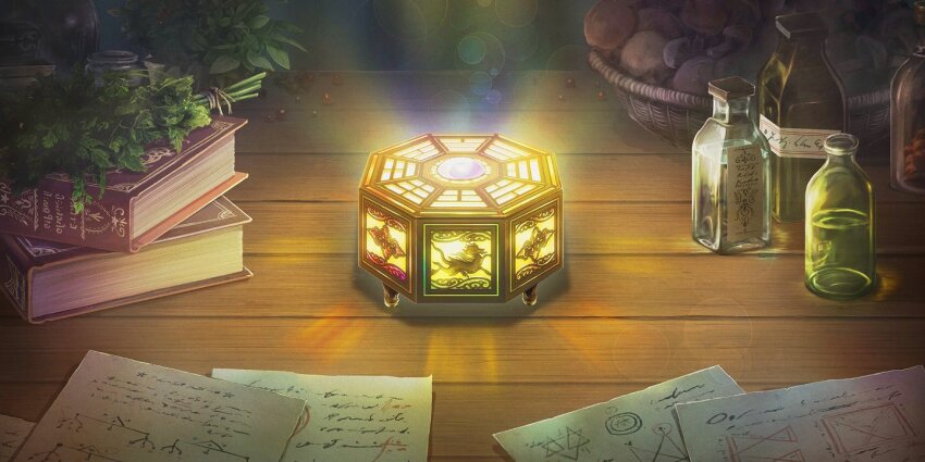 artist_request bagua basket book bottle game_cg glowing herb jar mini-hakkero mushroom no_humans object_focus official_art paper scenery still_life table third-party_source touhou touhou_lostword trigram wooden_table