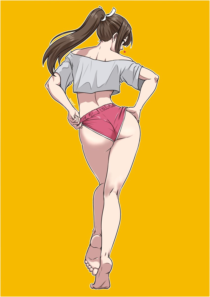 1girl absurdres ass brown_hair from_behind grey_shirt highres off_shoulder ponytail red_shorts shiranui_mai shirt shorts shukeiart simple_background solo the_king_of_fighters yellow_background