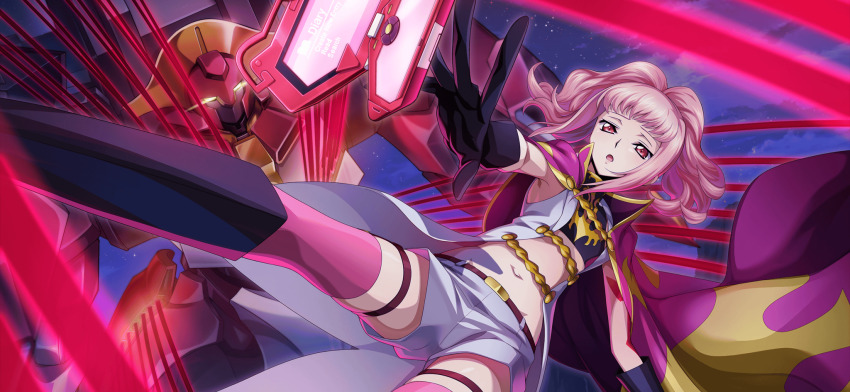 1girl anya_alstreim arm_tattoo artist_request belt black_boots black_gloves black_shirt boots cape cellphone coat code_geass code_geass:_lost_stories crop_top diary dutch_angle english_text falling female_focus flat_chest game_cg gloves glowing glowing_eyes highres knee_boots mecha military_uniform mordred_(code_geass) navel night non-web_source official_art open_mouth outdoors outstretched_arm phone pink_hair pink_thighhighs purple_cape reaching red_eyes robot shirt short_hair short_shorts shorts sidelocks skindentation sleeveless sleeveless_coat sleeveless_shirt smartphone solo spread_fingers spread_legs stomach tattoo thigh_strap thighhighs thighs white_coat white_shorts yellow_eyes