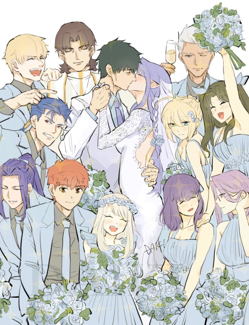 6+boys 6+girls ahoge archer_(fate) arm_over_head armpits artist_name artoria_pendragon_(fate) backless_outfit blonde_hair blue_dress blue_flower bouquet braid breasts bridal_veil bride brown_hair cassock champagne_flute cleavage closed_eyes coat commentary cu_chulainn_(fate) cu_chulainn_(fate/stay_night) cup dress drinking_glass emiya_shirou everyone fate/stay_night fate_(series) flower flower_wreath formal_clothes gilgamesh_(fate) green_hair grin groom hair_bun hair_slicked_back head_wreath highres holding holding_bouquet holding_cup holding_hands illyasviel_von_einzbern kiss kotomine_kirei kuzuki_souichirou laughing long_hair looking_at_viewer matou_sakura medea_(caster)_(fate) medea_(fate) medium_hair medusa_(fate) medusa_(rider)_(fate) multiple_boys multiple_girls necktie open_mouth parted_bangs pointing pointy_ears ponytail priest purple_hair purple_necktie red_hair saber_(fate) sasaki_kojirou_(fate) short_hair sidelocks simple_background sleeveless sleeveless_dress smile suit swept_bangs syuugou_11 tohsaka_rin twintails veil watermark wedding_dress white_background white_coat white_dress white_hair white_suit